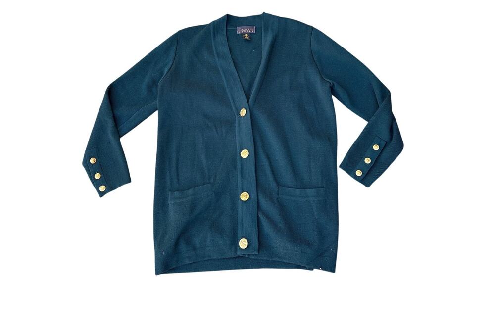 Vintage Classiques Merino Wool Cardigan Emerald Green Gold Buttons S